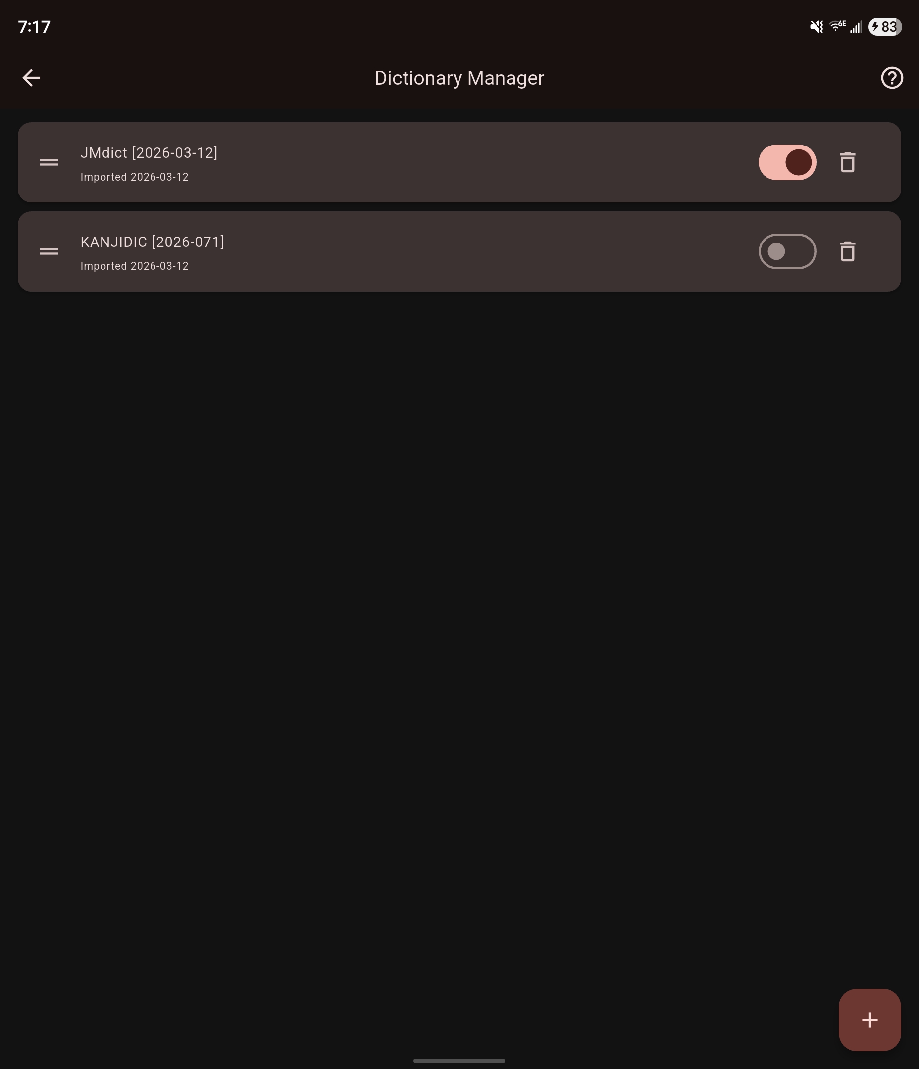 Dictionary manager showing imported dictionaries