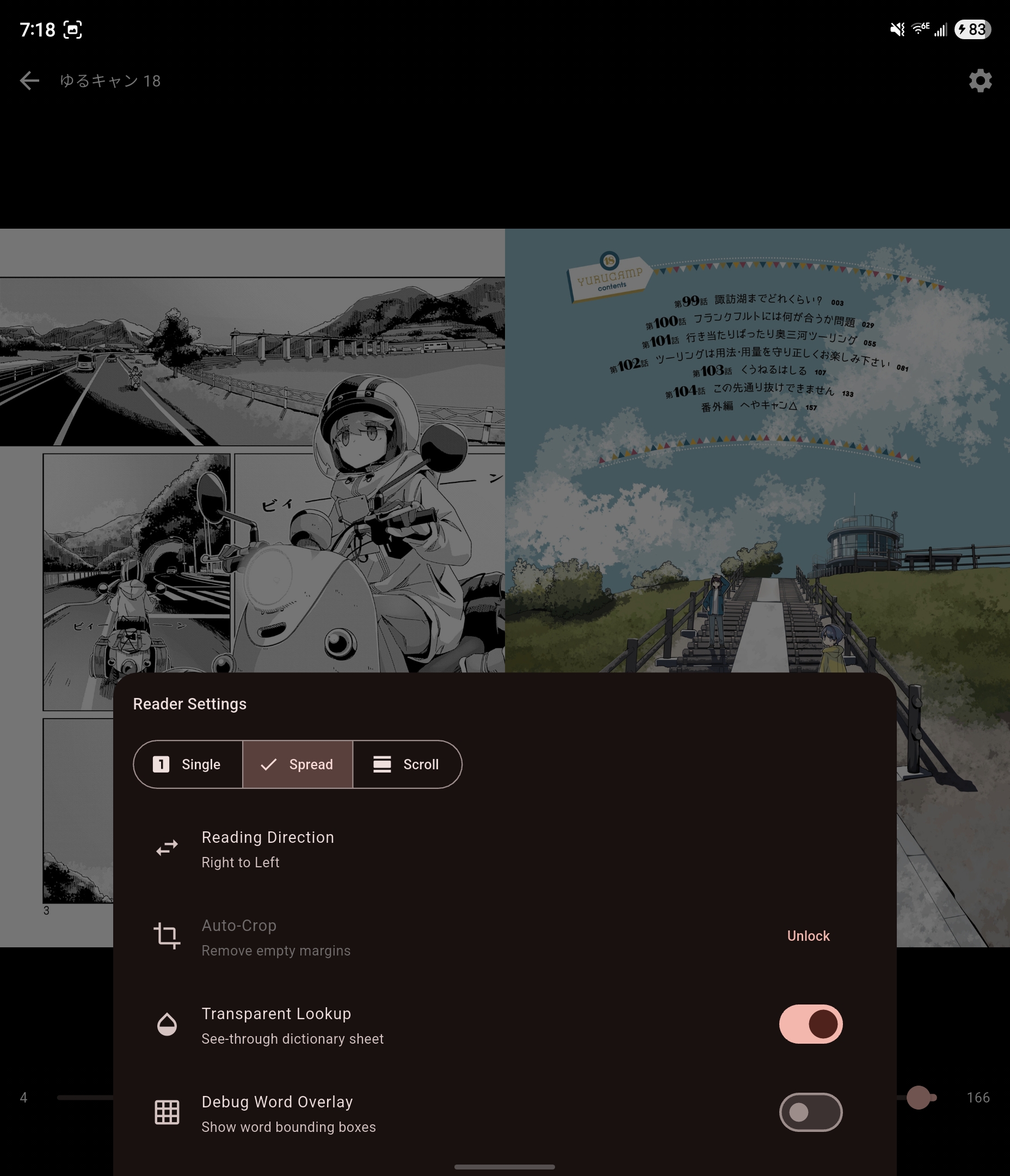 Manga reader in spread mode with reader settings open