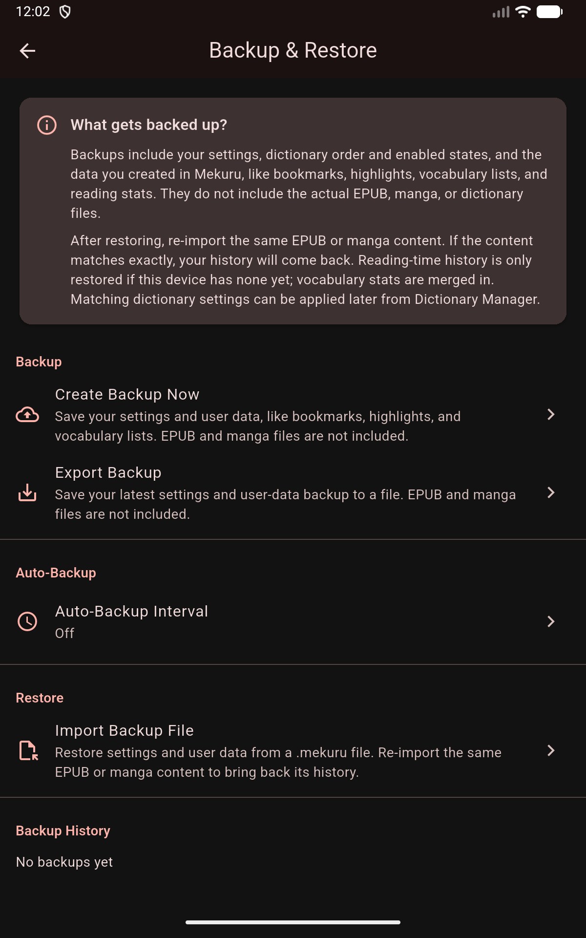 Backup and Restore screen