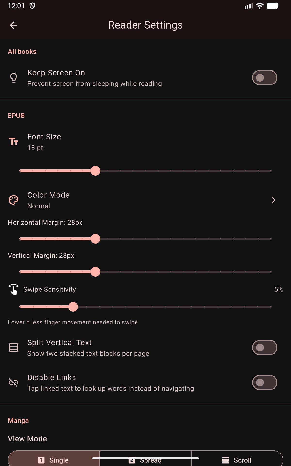 Reader Settings screen with shared reading defaults