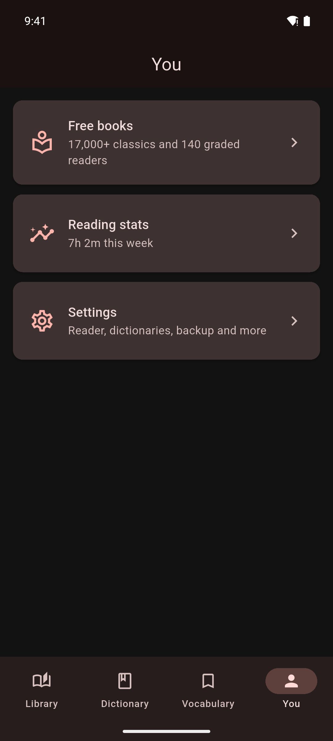 The You tab with Free books, Reading stats and Settings