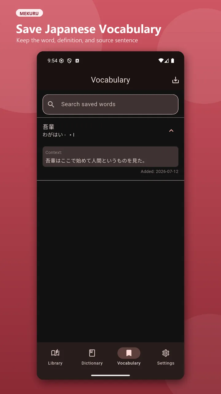 Mekuru vocabulary list with a saved Japanese word, definition, and source sentence